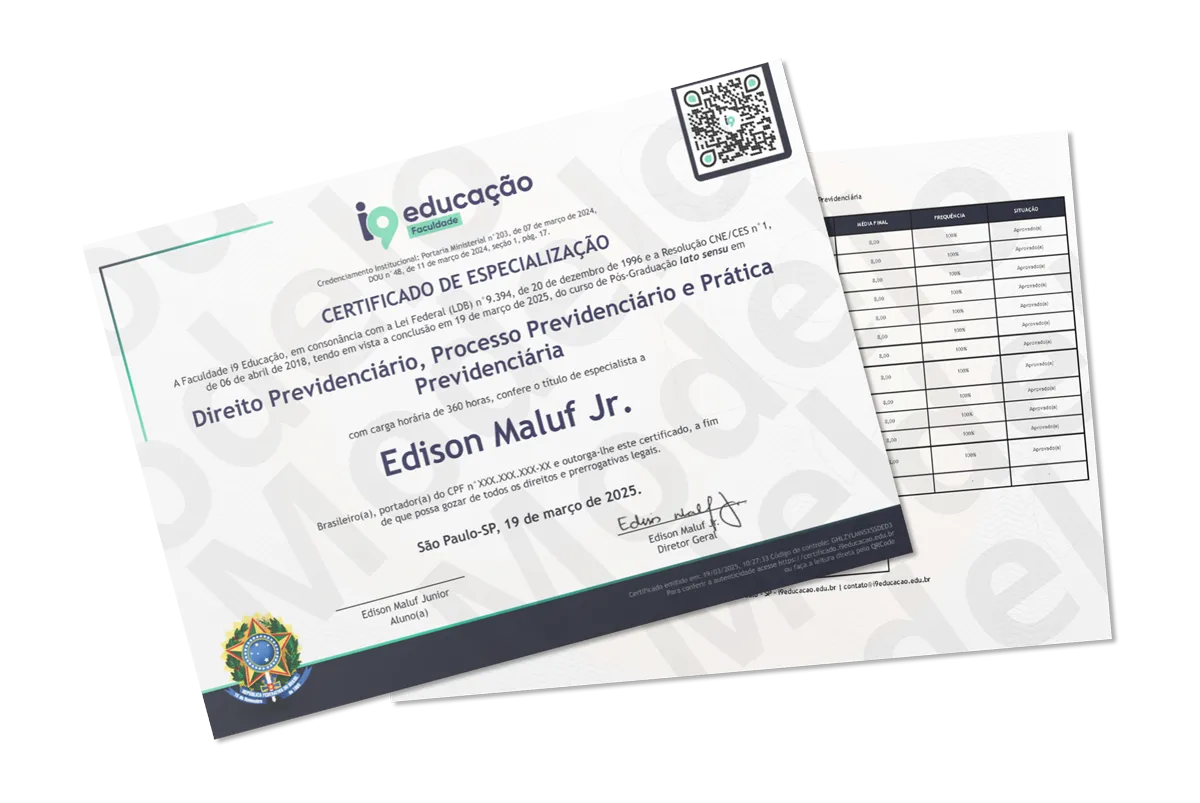 Certificado ilustrativo da Pós-Graduação em Advocacia no Direito Privado da Faculdade i9 Educação